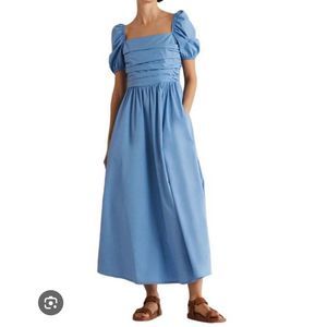 Boden NWT blue ruched bodice cotton midi dress with puff sleeves 8